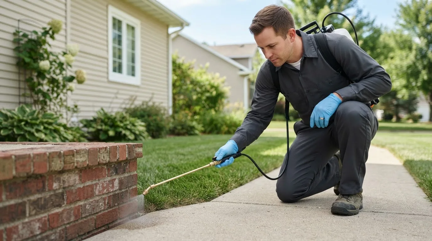 Pest control technician treating a home near Bexley, OH