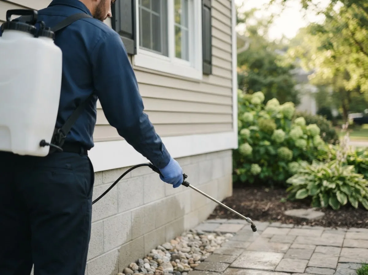 Pest control technician inspecting a home in Bexley, OH
